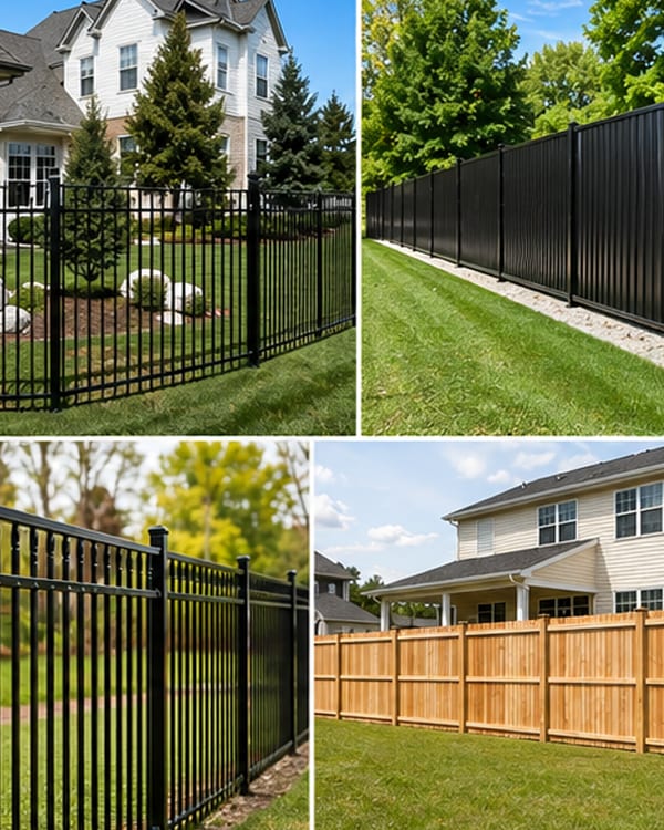 Examples of our fence materials — aluminum, vinyl, chain link, and wood