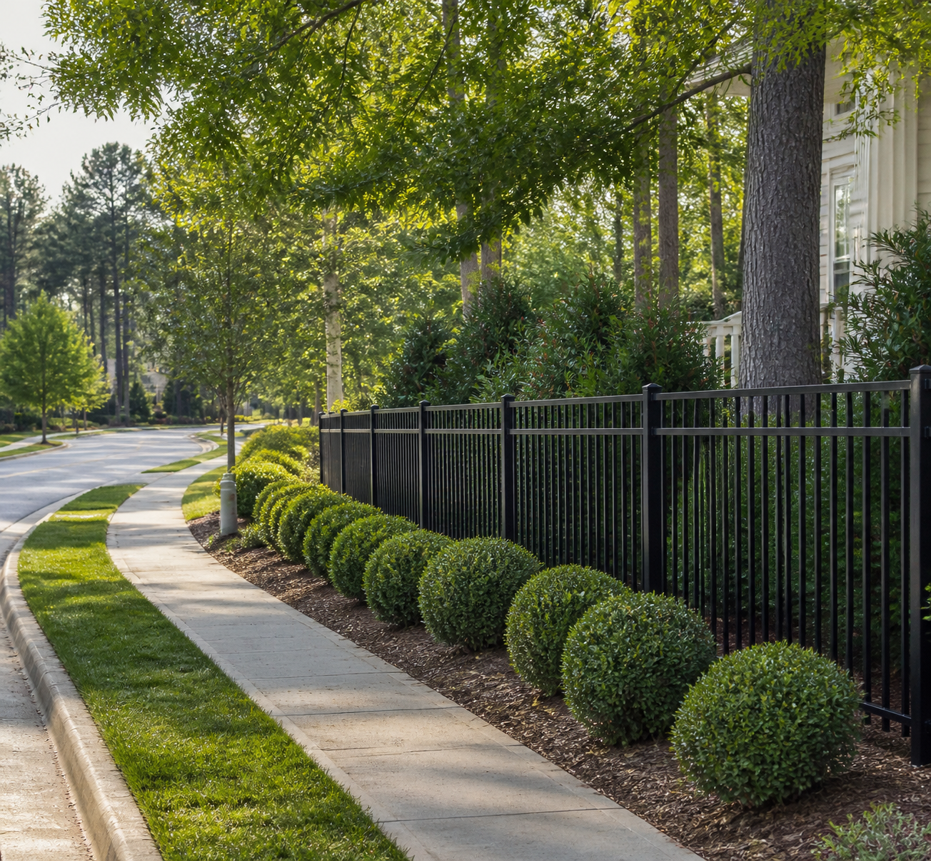 Black aluminum fence set behind landscaping beside a Cary residential sidewalk