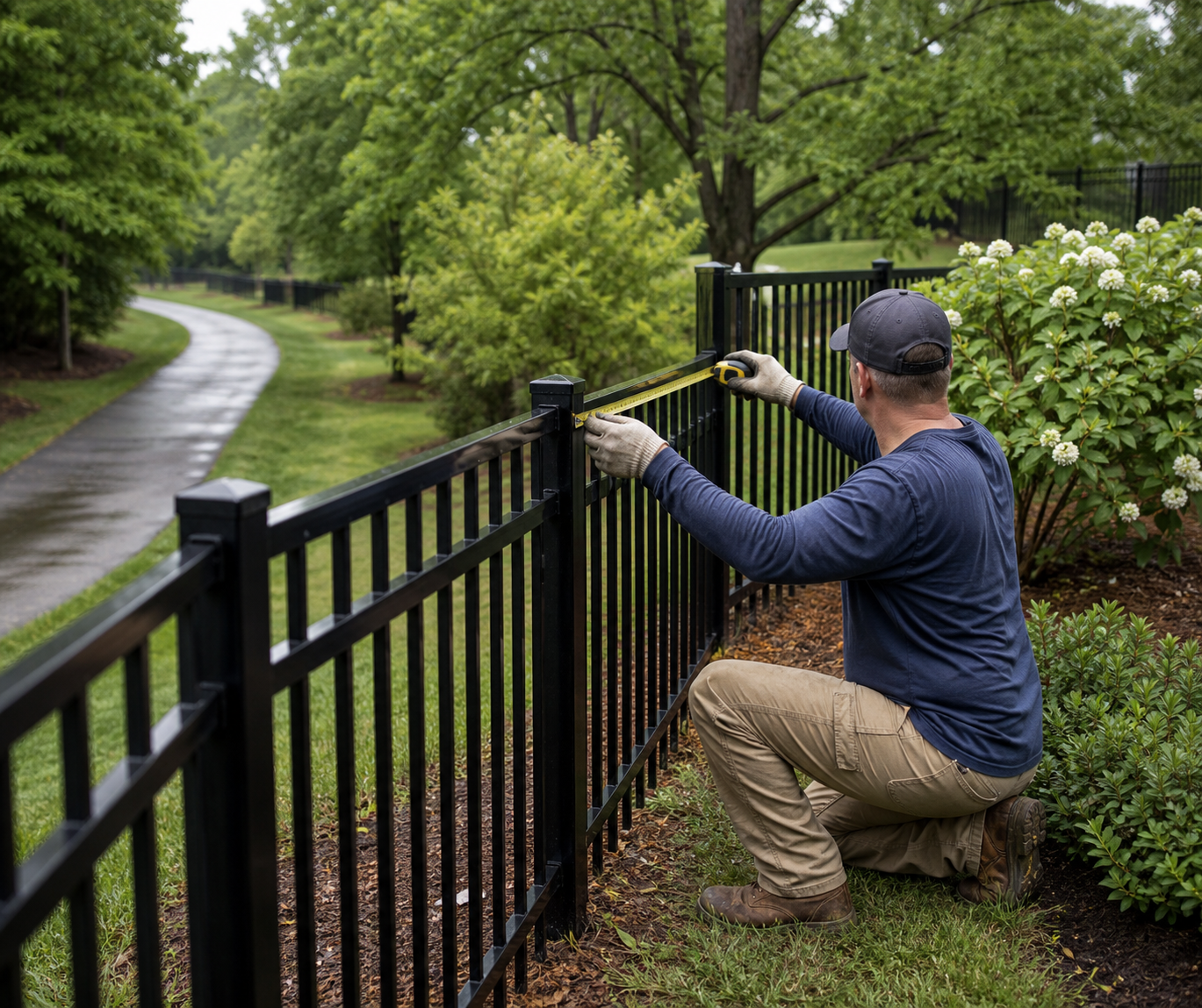 Fence installer measuring a finished black aluminum fence beside Cary-style greenway landscaping