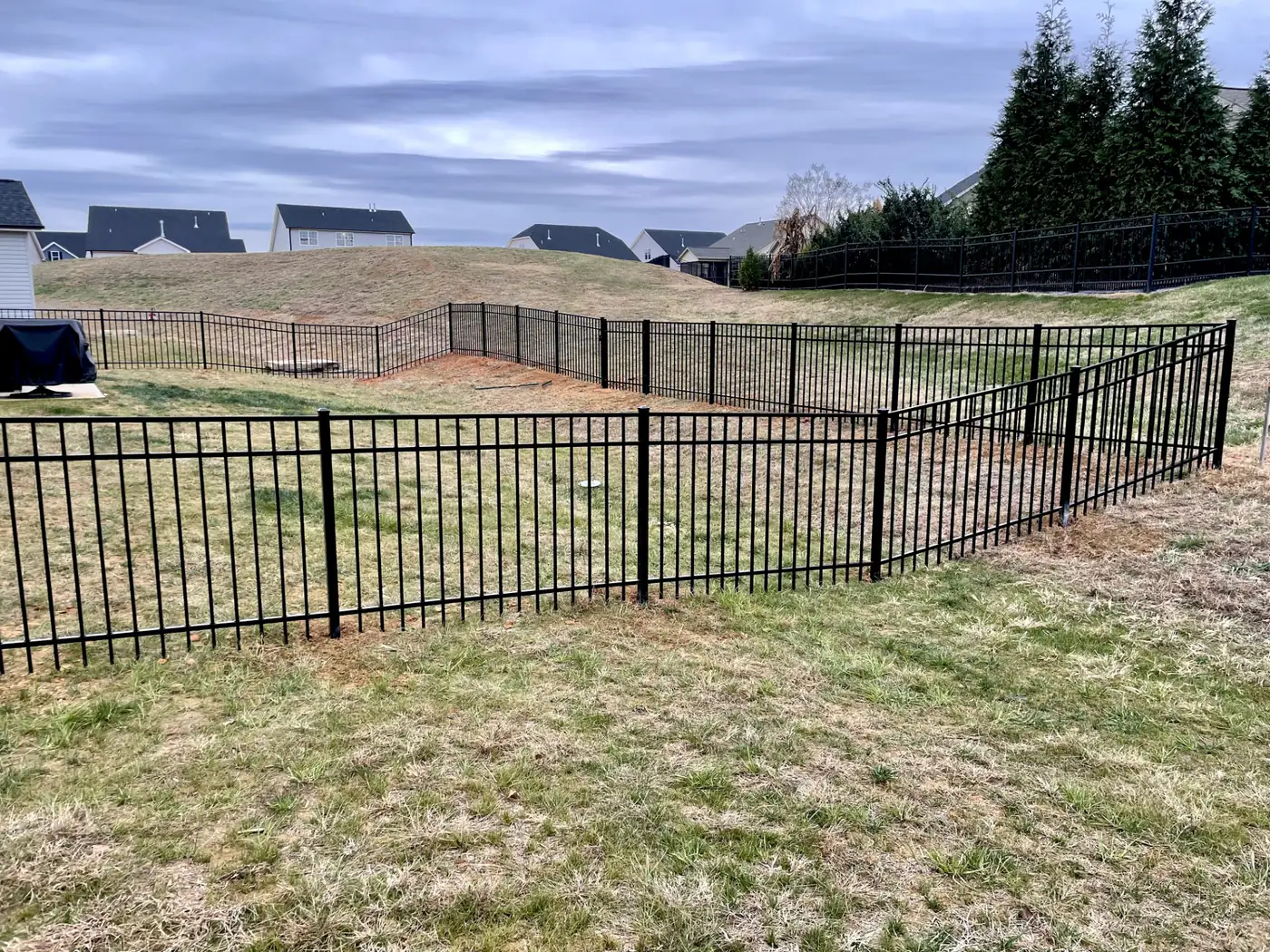 Black aluminum fence enclosing a large open backyard