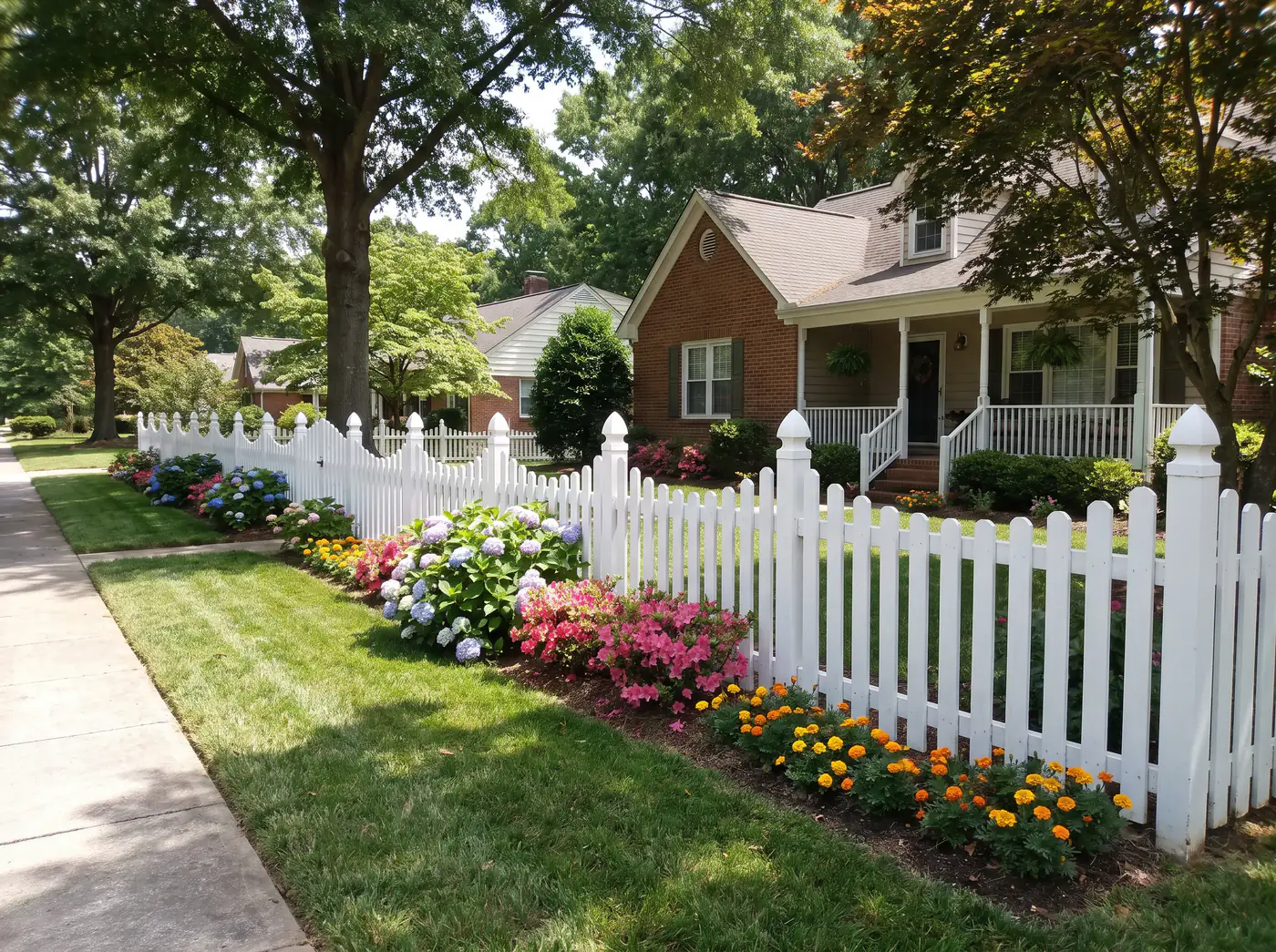 White picket fence and flower beds along the front yard of a brick Graham, North Carolina home