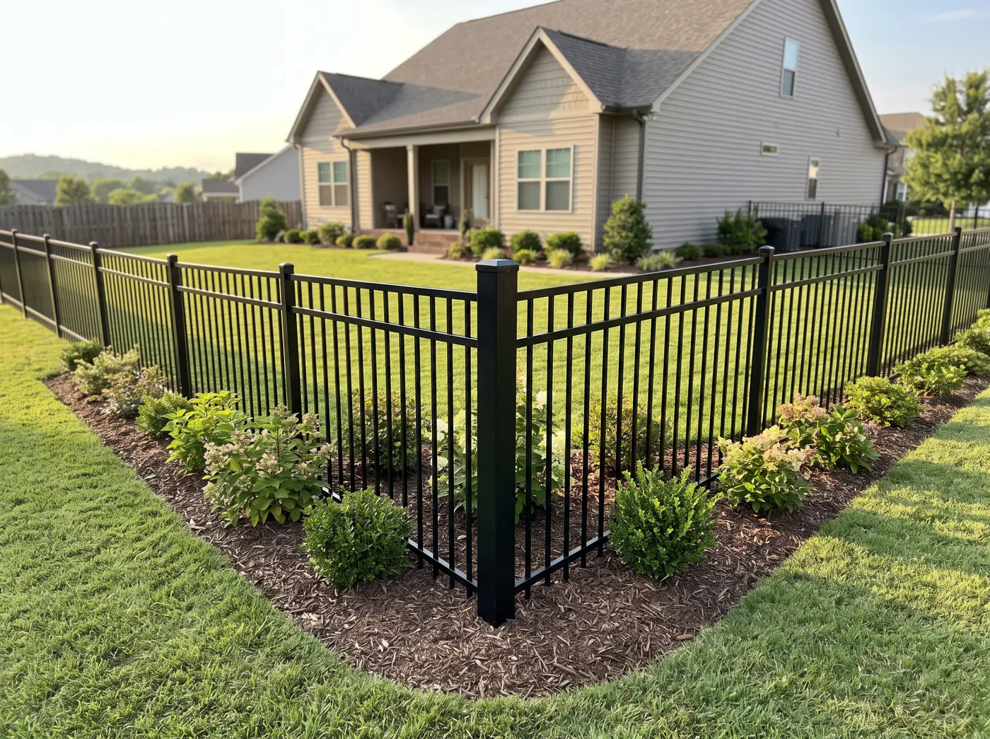 Black aluminum fence wrapping a landscaped corner of a Mebane, North Carolina backyard