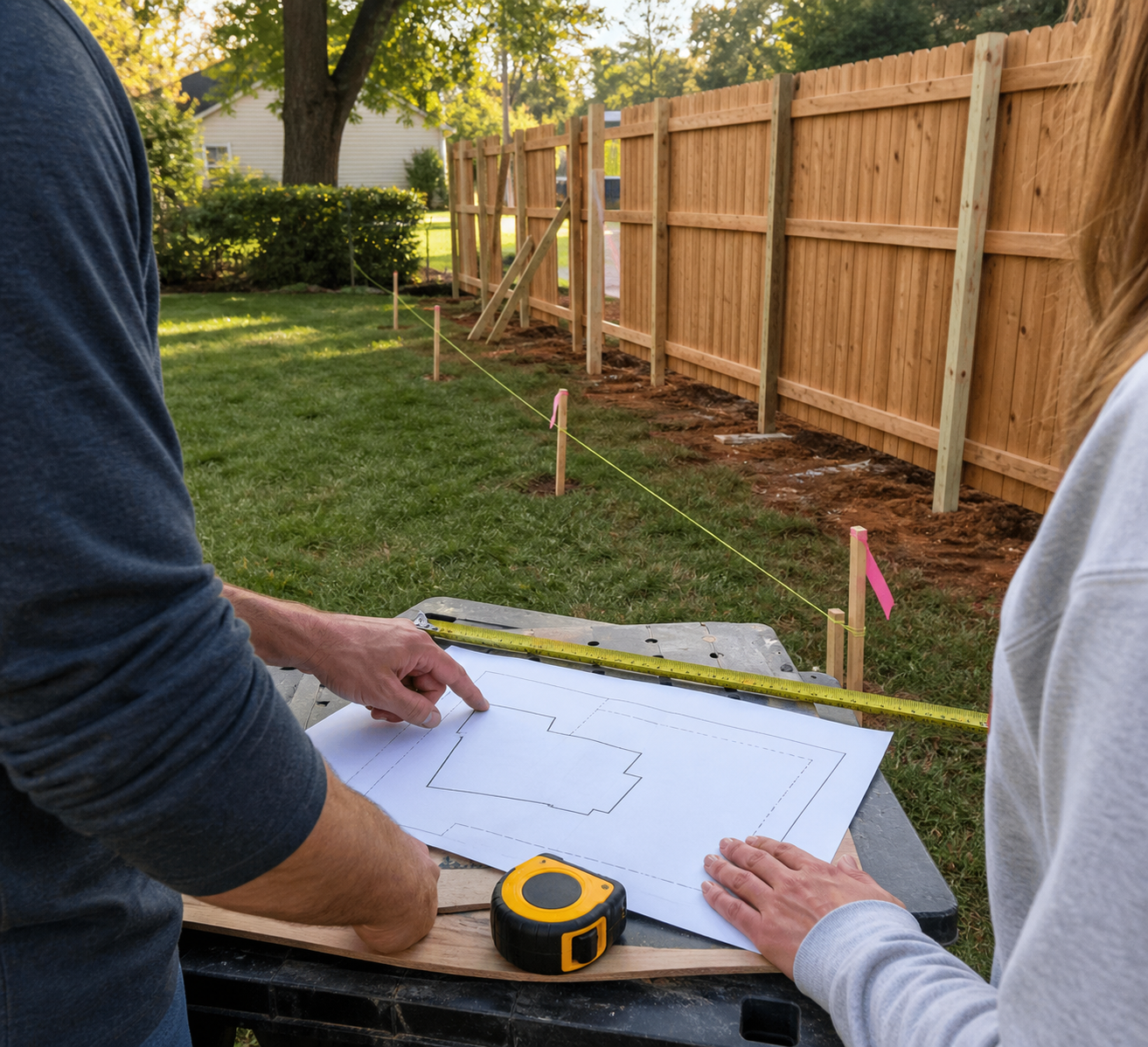 Homeowner and contractor reviewing a plot plan beside a marked Mebane fence line