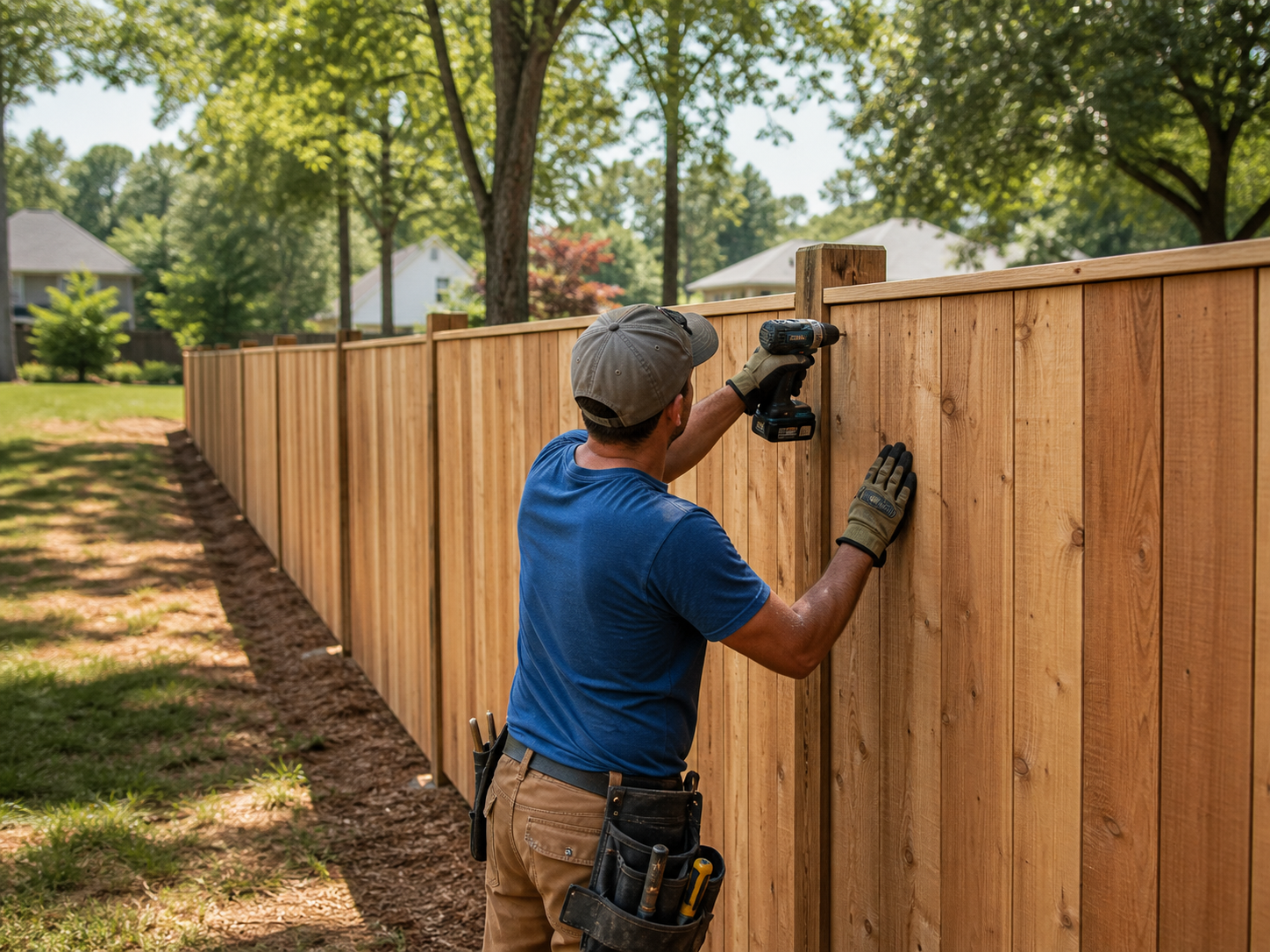 Fence installer fastening the final cedar board on a clean Mebane residential project