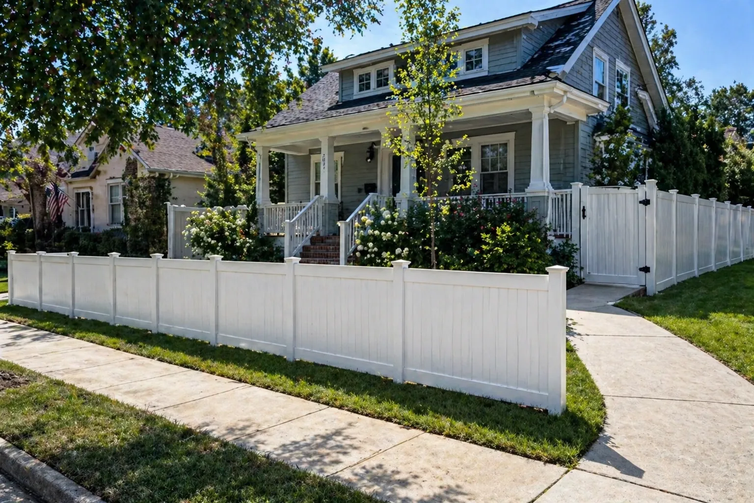 Beautiful white vinyl fence surrounding a residential property